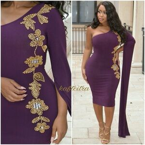 Beaded design midi dress (Royal Dark Purple )